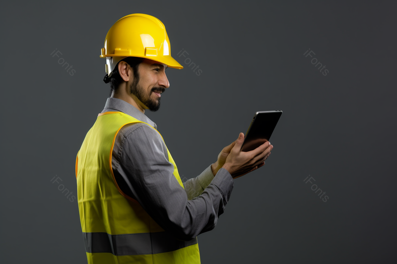 灰色背景中的穿着工作服的装修工人使用平板电脑手机,高清,摄影图,摄影图片,图片大全,摄影图免费下载